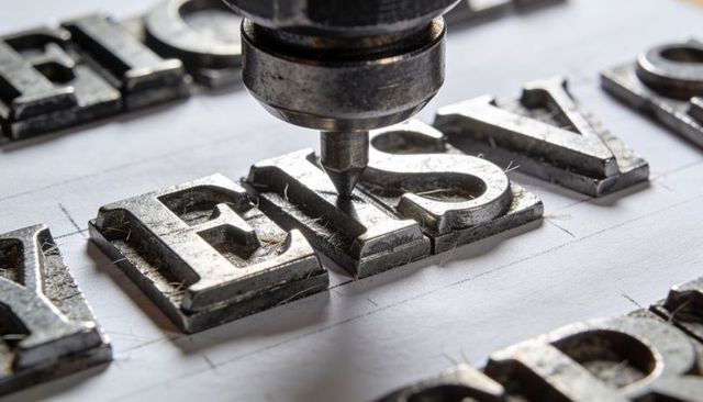 Engraving metal type blocks creating fine metal shavings on ruled paper, macro closeup