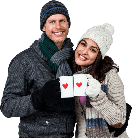 Smiling Couple Enjoying Hot Drinks in Winter Clothing on Transparent Background
