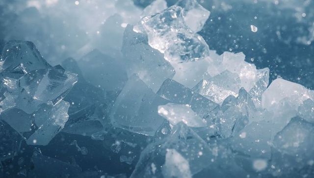 Shimmering ice shards scattering light in frosty macro composition