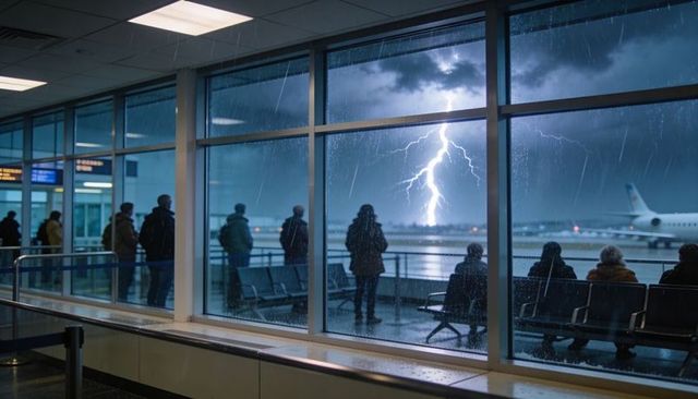 Passengers watching lightning striking runway through rain-streaked terminal windows