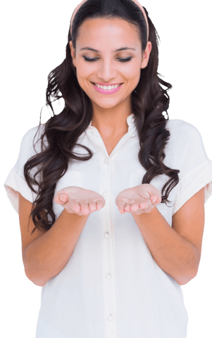 Elegant brunette woman holding out empty hands in transparent background