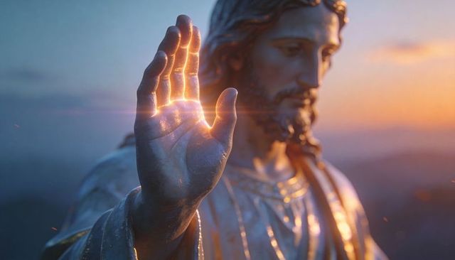 Jesus statue raising hand with glowing palm at sunset, golden robe, cinematic icon