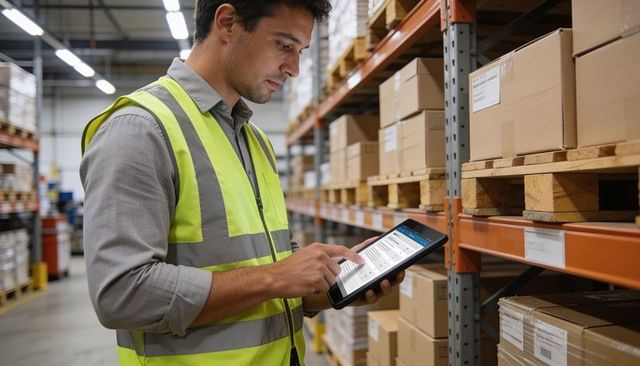 Warehouse worker using tablet for real-time inventory management on pallet racks
