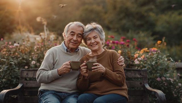 Senior couple enjoying coffee on bench in sunlit rose garden sharing warm moment