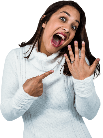 Cheerful Woman Ecstatically Displaying Engagement Ring on Transparent Background