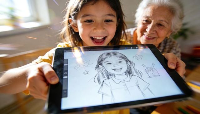 Joyful girl presenting tablet sketch to smiling grandma, digital drawing, family moment