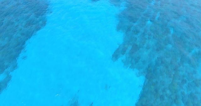 Drone vier of clear blue ocean water and rocks underwater with copy space. Exploration, travel, coast, tranquillity and nature concept.