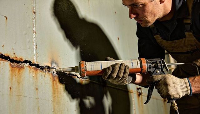 Worker applying sealant to rusted metal tank crack using caulking gun and gloves