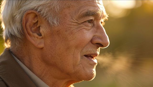 Sunlit senior man exhaling visible breath at golden hour, contemplative outdoor profile