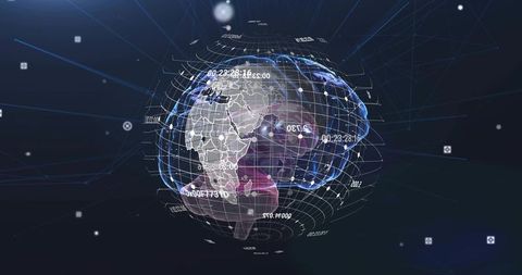 Holographic digital globe displaying global network grid, data nodes and timecode overlays