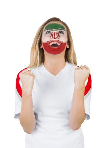 Passionate iran fan with face paint celebrating on transparent background