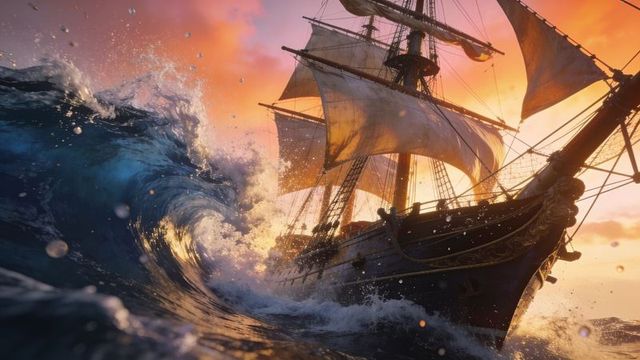 Sailing three-masted tall ship cutting through towering breaking wave at golden sunset