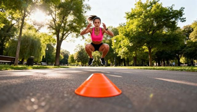 Woman jumping over orange cone on sunlit park path during outdoor workout wearing pink sports bra