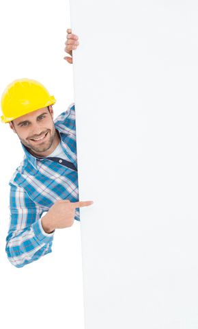 Smiling Repairman Pointing at Transparent Blank Billboard - Download Free Stock Videos Pikwizard.com