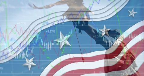 Eagle and American Flag Symbols Blend with Financial Market Graphs