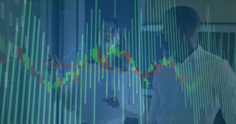 Business Analysts Discussing Stock Market Trends with Virtual Chart