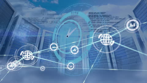 Digital Network and Data Processing Visual With Servers and Icons