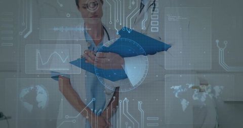 Doctor reviewing digital patient data on clipboard with holographic medical interface