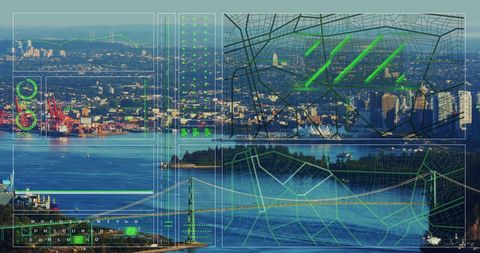 Data interface overlaying cityscape with digital metrics