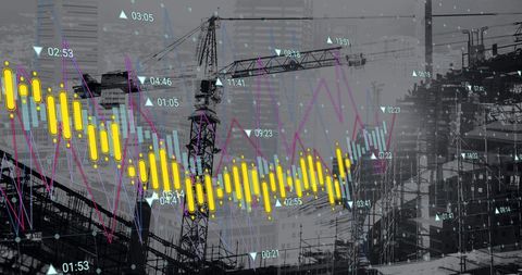 Financial data overlay on urban construction site