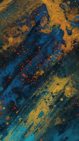 Vertical abstract paint macro video panning up over textured blue and gold fluid ridges