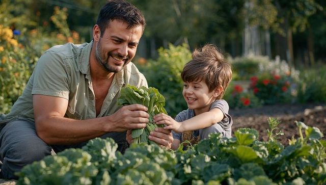 Father and son harvesting fresh lettuce in backyard garden, smiling family bonding