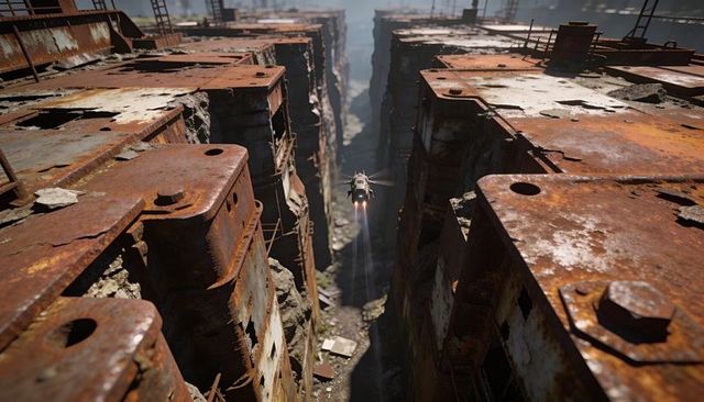 Futuristic shuttle descending through rusted shipyard canyon amid towering corroded plates