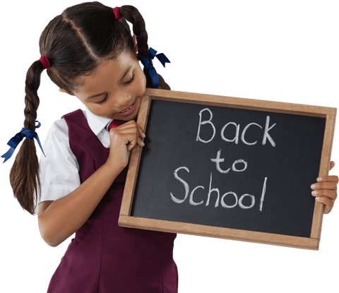 Joyful schoolgirl holding transparent back to school chalkboard