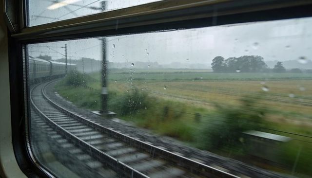 Rainy train window view revealing curved tracks and passing carriage across green rural fields
