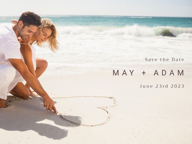 Couple writing on beach sand, creating save the date announcement. Ideal for wedding invitations, romantic getaways, engagement celebrations. Use for website backgrounds, social media posts, holiday advertisements emphasizing love and romance.