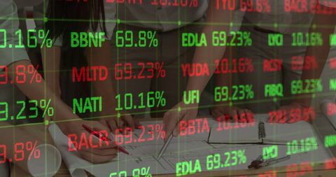 Architects Analyzing Plans with Stock Market Data Overlay