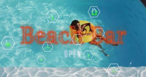 Floating Woman on Yellow Inflatable Under Neon Beach Bar OPEN Sign in Crystal Pool