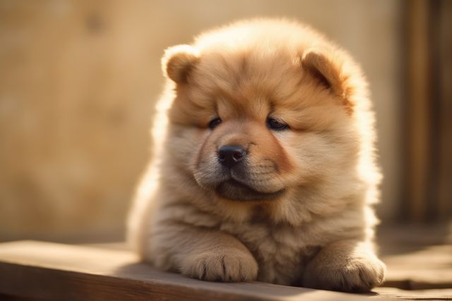 This photo depicts an adorable and fluffy chow chow puppy with soft fur, lying on a wooden surface. It can be used for pet advertisement, veterinary clinics, animal blogs, and social media posts. It evokes feelings of warmth, cuteness, and comfort.