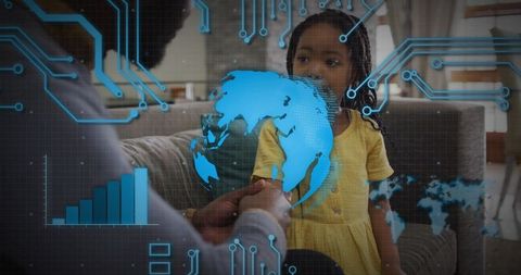 Father holding daughter hand exploring augmented reality globe and data overlay at home