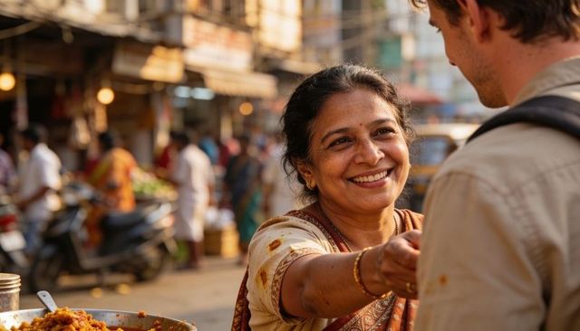 Smiling indian street food vendor serving rice with ladle at busy outdoor market