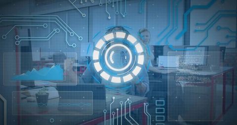 Developer interacting with holographic hud interface and data visualizations in office