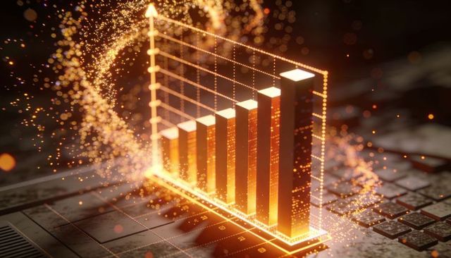 Futuristic glowing 3d bar chart rising from circuit keyboard with neon data sparks and helix trail