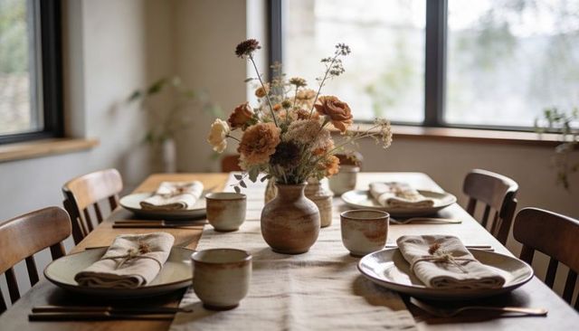 Sunlit rustic dining table with linen runner and ceramic centerpiece