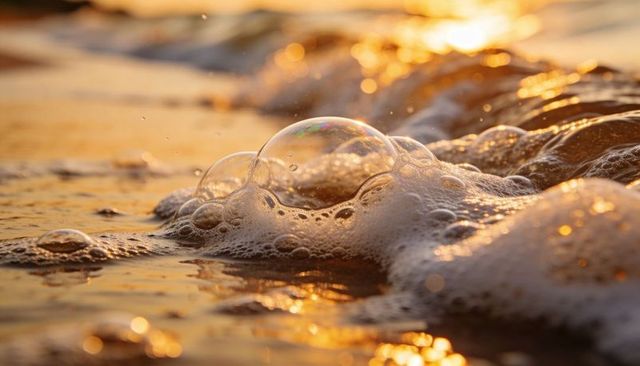 Iridescent bubble on foamy shoreline at golden hour close-up reflective sunlit beach macro
