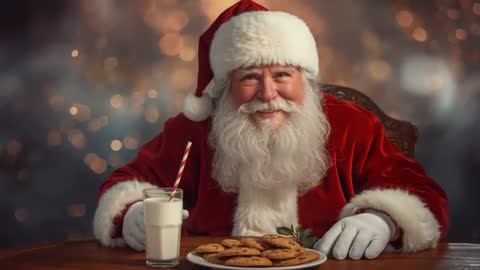 Santa Claus Enjoying Milk and Cookies by the Fireplace
