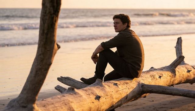 Man reflecting on driftwood log at sunset beach, watching ocean waves in golden hour
