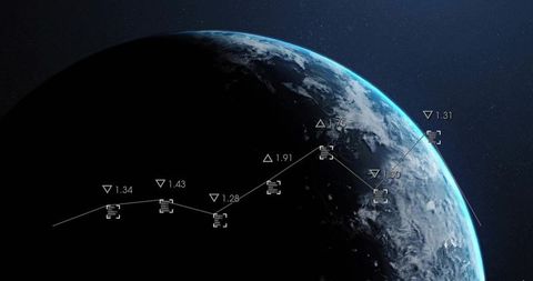 Earth limb over dark hemisphere with telemetry data line and orbital analytics overlay