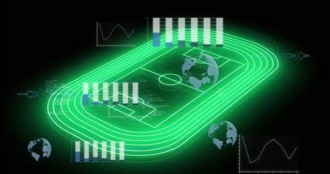 Futuristic sports stadium with digital analytics interface