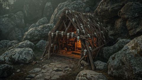 Mystical ritual hut with skulls in misty forest clearing