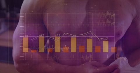 Fitness analytics overlay on shirtless male torso with purple-orange bar chart