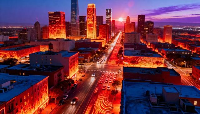 Neon sunset cityscape showing streaking car light trails along skyscraper-lined avenue