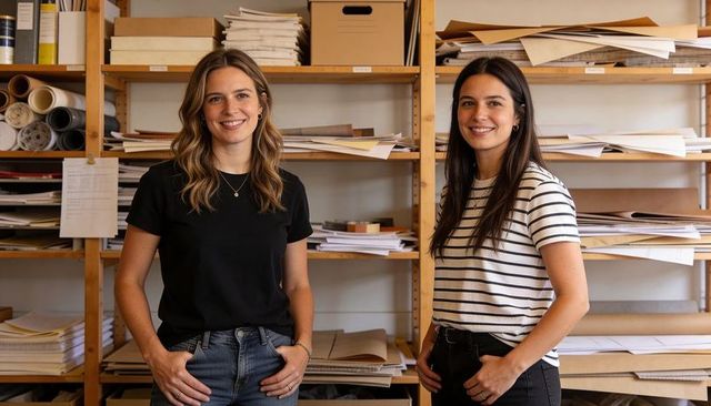 Two creative designers standing in organized paper studio smiling and collaborating