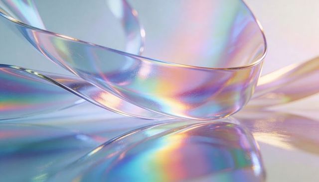 Iridescent opalescent glass ribbons reflecting pastel prism light on polished surface