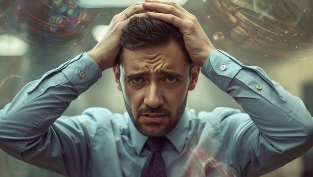 Stressed businessman grabbing head in office environment