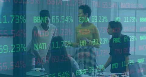 Diverse Team Analyzing Stock Market Trends with Financial Interface Overlay - Download Free Stock Images Pikwizard.com